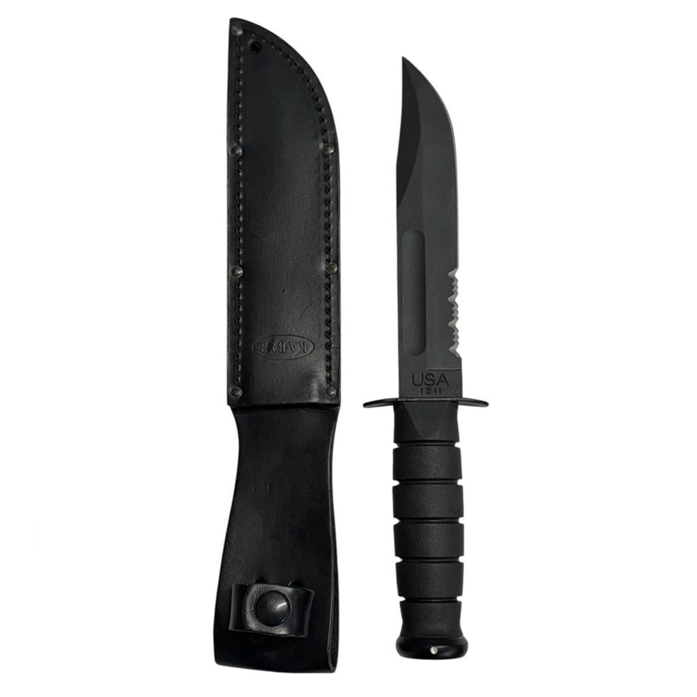 New-KA-BAR 1211 Black Fixed Blade Knife USA Olean NY w/Original Leather Sheath